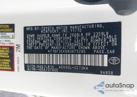2011 Toyota Camry Se from USA, damaged, VIN 4T1BF3EK6BU675295